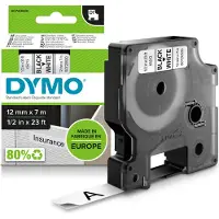 Dymo D1 tape, 12mm x 7m rull, sort på hvit