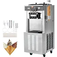 Vevor kommersiell iskremmaskin, 34–44 l/t kapasitet, 1850 W frittstående softiskremmaskin med 3 smaker, 2 x 9 l beholdere i rustfritt stål, LED-panel for bruk i én sylinder over natten