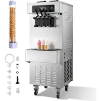 Vevor kommersiell iskremmaskin, 20–28 l/t kapasitet, 2200 W frittstående softiskremmaskin med 3 smaker, 2 x 6 l beholdere og innebygd pustepumpe, forkjøling ved lav miks-alarm for snacks og dessertbut