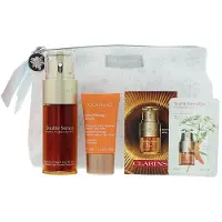 Clarins -sett: Double, Anti-Ageing, serum for ansiktet 50 ml + Extra-Firming Energy, anti-rynke, dagkrem for ansiktet 15 ml + Double anti-aging øyeserum, 7 deler, 0,9 ml