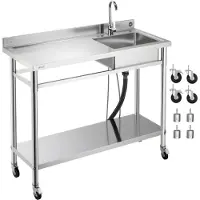 Vevor kjøkkenvask i rustfritt stål, rullende kjøkkenvask med hjul, kran og varmt- og kaldtvannsrør, arbeidsbenk for garasje, restaurant, vaskerom, 1200 x 500 x 1055 mm