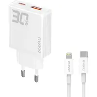 Dudao GaN USB-lader 30 W med 1xUSB, 1xUSB-C og USB-C til Lightning-kabel - hvit