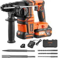 Vevor borhammer, 20 mm SDS-Plus trådløs, 20V batteridrevet borhammer, børsteløs, inkludert batteri, lader, 3 bor, flatmeisel, spissmeisel, bæreveske, for betong