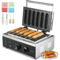 Vevor kommersiell vaffelpinne-jern, 6 stk. 1500 W vaffeljern, non-stick vaffeljern i rustfritt stål med maispølser og temperatur- og tidskontroll, håndtak, for restaurant, bakeri, snackbar og familie