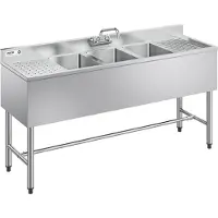 Vevor 3-roms vask, 18-gauge 304 rustfritt stål, 254 x 356 x 254 mm kummestørrelse, 3-roms kommersiell vask under bar med dobbel avrenningsplate og bakplate for kjøkken, restaurant, matvogn og hjemmebr