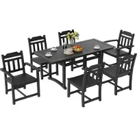 Vevor 7-delers spisestuesett for uteplass, rektangulært utemøbelsett med bord og stoler, hagemøbler for all slags vær, HIPS spisestuesett for uteplass, for plen, terrasse, bakgård, bassengkant, svart