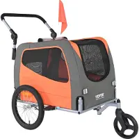 Vevor Sykkelvogn til hund, støtter opptil 30 kg, 2-i-1 sykkelstativ for kjæledyrvogn, sammenleggbar vognramme med hurtigkoblingshjul, universal sykkelkobling, reflekser, flagg, oransje/grå