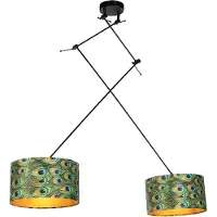 QAZQA Hengende lampe sort med fløyelslampeskjermer påfugl med gull 35 cm 2-lys - Blitz