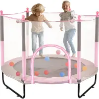 Vevor 60" barnetrampolin, 1,5 meter innendørs utendørs trampolin, mini småbarnstrampolin med sikkerhetsnett og basketballkurv, bursdagsgaver og juleleker for barn fra 3 år, rosa