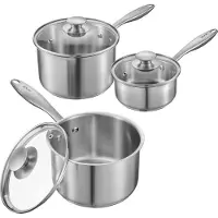 Vevor kasserollesett i rustfritt stål, 1 qt og 2 qt og 3 qt kasseroller med glasslokk, multifunksjonell nonstick-sausgryte i rustfritt stål med ergonomisk håndtak, egnet for stekeovn, oppvaskmaskin, i