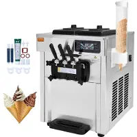 Vevor kommersiell iskremmaskin, 18–28 l/t kapasitet, 1650 W softiskremmaskin med 3 smaker på benkeplaten, 2 x 5,5 l sylindere i rustfritt stål, LED-panel med automatisk rengjøring og forkjøling, for r
