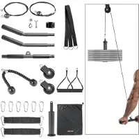 Vevor trinsesystem, 2 delers lat- og løftetrinsesystem, trinsefeste for gymstativ med to stålvaiere, kort stang, doble håndtak, kabelmaskin for biceps, skulder, rygg, opptil 150 kg kapasitet