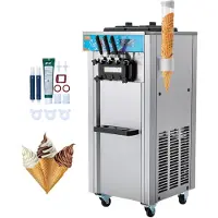 Vevor kommersiell iskremmaskin, 21–31 l/t kapasitet, 1500 W frittstående softiskremmaskin med 3 smaker, 2 x 5,5 l sylindere i rustfritt stål, LED-panel med automatisk rengjøring og forkjøling, for res