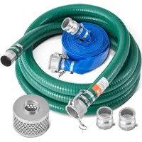 Vevor sugeslangesett for vannpumpe, med 51 mm (2 tommer) x 15,2 m (50 fot) blå tilbakespylingsslange, 6,1 m (20 fot) grønn sugeslange og stålfilter med rundt hull, kamlåser, klemmer, kam- og sporadapt