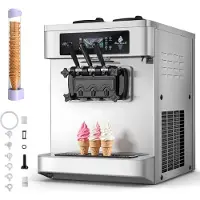 Vevor kommersiell iskremmaskin, 20–28 l/t kapasitet, 2200 W softiskremmaskin med 3 smaker for benkeplate, 2 x 6 l beholdere og innebygd pustepumpe, forkjøling og lavmiks-alarm for snacks og dessertbut