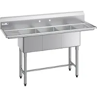 Vevor 3-roms vask, 18-gauge 304 rustfritt stål, 356 x 400 x 279 mm kummestørrelse, 3-roms kommersiell kjøkkenvask med 2 avrenningsbrett og bakplate for restaurant, matvogn og hjemmebruk