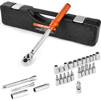 Vevor Click momentnøkkelsett, 3/8 tommers drev, 5–60 Nm / 3,7–44,3 lbf.ft, toveis, 72 tenner, ±3 % høy presisjon, med piper, bits, forlengelsesstang, tennpluggpiper, adapter, oransje