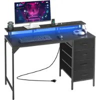 Vevor 120 cm databord med smarte LED-lys og stikkontakter, spillbord med 4 store skuffer, skjermstativ, studieplass for hjemmekontor, små rom, enkel oppbevaring, svart
