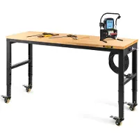 Vevor arbeidsbenk justerbar høyde, 122 cm B x 61 cm DX 104 cm H garasjebord med 79–104 cm høyde og 720 kg kapasitet, med strømuttak og bordplate i hardtre og metallramme og svingbare hjul, for kontor/