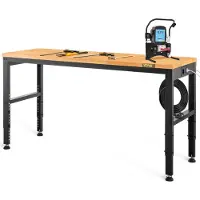 Vevor arbeidsbenk justerbar høyde, 183 x 64 cm garasjebord med 72–97 cm høyde og 900 kg lastekapasitet, med strømuttak og bordplate i hardtre og metallramme og fotputer, for kontor, hjemmeverksted
