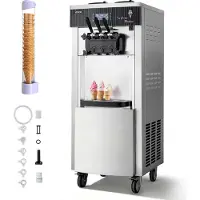 Vevor kommersiell iskremmaskin, 20–28 l/t kapasitet, 2200 W frittstående softiskremmaskin med 3 smaker, 2 x 6 l beholdere og beholderomrøring, forkjøling og selvrensing for snacks og dessertbutikker