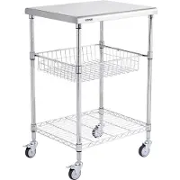 Vevor kjøkkenvogn, 3-etasjers kommeriell arbeidsbordøy, 214 kg trådlagringsstasjon, stålrullevogn på hjul, med kurv, for restaurant, garasje, hotell, 61x50x90 cm