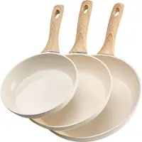 Vevor Stekepanne, Eggpanner i Aluminium, 3 stk (200, 240, 280 mm), Stekepanner i Kraftig Keramisk Stil med Varmebestandig Håndtak, Kokkens Kjøkkenutstyr for Gass, Elektrisk, Induksjon, Beige
