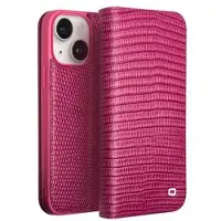 Qialino iPhone 15 Plus Lommebok-deksel I Lær - Krokodille - Varm Rosa