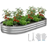 Vevor Galvanisert hevet hagebed, 240 x 120 x 30 cm, oval metallplantekassesett for utendørs bruk, bunnløs hevet hagekasse med hansker, rustfri alu-sink, for planting av blomster, frukt og grønnsaker,