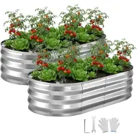 Vevor 2-pakning galvaniserte hevede hagebed, 1200 x 600 x 300 mm, ovale metallplantekasser sett utendørs, bunnløs hevet hagekasse med hansker, alu-sink, for planting av blomster og grønnsaker, sølv