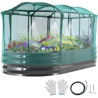 Vevor Galvanisert hevet hagebed, 1800 x 900 x 300 mm, med selvvanningssystem og nettingdeksel, oval metallplantekasse utendørs, rustfri alu-sink, for planting av blomster, frukt og grønnsaker, mørkegr