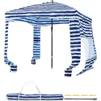 Vevor Strandcabana, 1,83 x 1,83 m strandtak med sidevegg, UPF 50+ beskyttelse, enkelt å sette opp cabana-telt med sandlommer, bærbar skyggefull solparasoll for hele familien og venner, marineblå strip