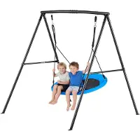 Vevor Huskesett for bakgård, 100 cm huskesete med tallerken og kraftig A-ramme i metall, 199,6 kg lastekapasitet, forsterket med spiralformede jordankre, Huskesett for utendørs barn, svart og blå