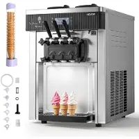 Vevor kommersiell iskremmaskin, 20–28 l/t kapasitet, 2200 W softiskremmaskin med 3 smaker for benkeplate, 2 x 6 l beholdere og beholderomrøring, forkjøling og selvrensing for snacks og dessertbutikker