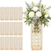 Vevor 16 stk. krystallblomstervase i bryllup, 26 cm høye blomsterbordsdekorasjoner, krystallsylindervaser til bankett, enkel installasjon, allsidig stativ for festarrangementer, hjemmedekor, gull
