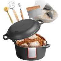 Vevor støpejernsgryte, 2-i-1 forhåndskrydret gryte med stekepannelokk, 4,7 l kokekar med hevekurv, brødbaketilbehør, kompatibel med brødovn 260 ℃