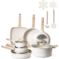 Vevor 19-delers gryte- og pannesett med nonstick-belegg, granitt kokekarsett, induksjonskokekar, kjøkken RV-kokekarsett med steking, saus, sauté, herdet glasslokk og pannebeskyttere, hvit
