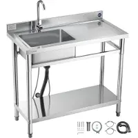 Vevor kjøkkenvask i rustfritt stål, frittstående kjøkkenvask med enkelt kum og kran, 1000 x 500 x 940 mm, høyre servant med varmt- og kaldtvannsrør for garasje, restaurant, vaskerom