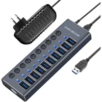 Mtp Products 10-porters USB 3.0 Hub med individuelle strømbrytere - Grå