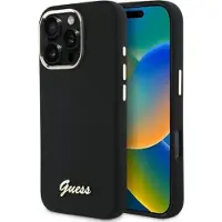 GUESS Silikonetui med metallogo og ramme for iPhone 16 Pro Max - svart