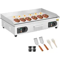 Vevor Kommersiell elektrisk steketakke, 74 x 42 cm, 4400 W, justerbar temperaturkontroll på 50–160 °C, benkeplate i rustfritt stål, halvt rillet halvt flat, med 2 stekespader og 2 børster, for biff (U