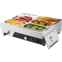 Vevor Kommersiell Matvarmer, 1500W Elektrisk Matvarmer i Rustfritt Stål med Damp og Lokk, 6-Panner Hurtigoppvarming Benkeplate Buffet Bain Marie med Strømledning, for Catering, Restaurant, Fest og Buf