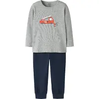 Name it Pysjamas - Noos - NmmNightset brannbil - Grå Melert/Navy - - 5-6 år (110-116) - 2-delt nattøy