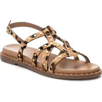 Carmela for woman. 16239204-LEOPARDO Leather sandals 162392 brown (37), Flat, Buckle, Casual, Animal Print