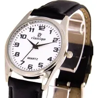 24hShop Classique herreklokke med kunstskinnarmbånd - Sort reim / Hvitt Ur
