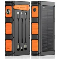 Mtp Products Solcelledrevet powerbank med håndsveiv, 30000mAh, med SOS-alarm, kompass og lommelykt - oransje / svart