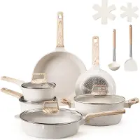 Vevor 17-delers gryte- og pannesett, granitt nonstick kokekarsett, induksjonskokekar, kjøkken RV-kokekarsett med steking, saus, sauté, herdet glasslokk og pannebeskyttere, hvit