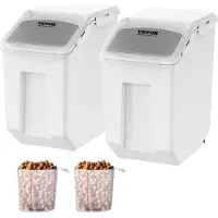 Vevor ingrediensbeholder, 2 x 15L dispenserbeholder med 2 målebeger, avtakbare hjul og lufttett lokk, 2 stk/sett oppbevaringsbeholdere for hundemat, PP-materiale kjøkkenbeholder for risblanding og mel