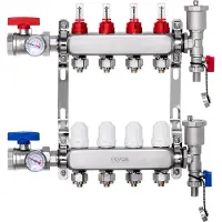 Vevor 4-grenet varmestrålemanifold, 1/2" PEX-rørmanifold, PEX-manifold i rustfritt stål for vannbasert gulvvarme, PEX-varmestrålemanifoldsett med 1/2" adaptere inkludert