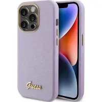 GUESS Glitter Glanset Script-etui for iPhone 15 Pro - lilla
